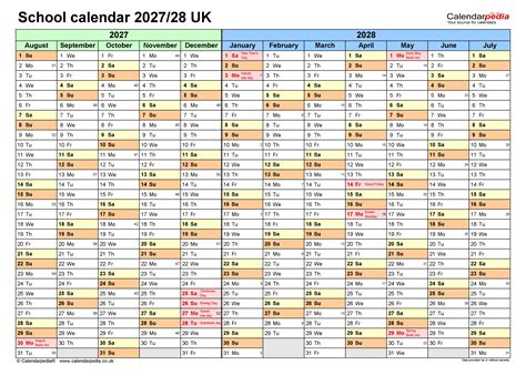 School calendars 2027/28 UK - free printable PDF templates