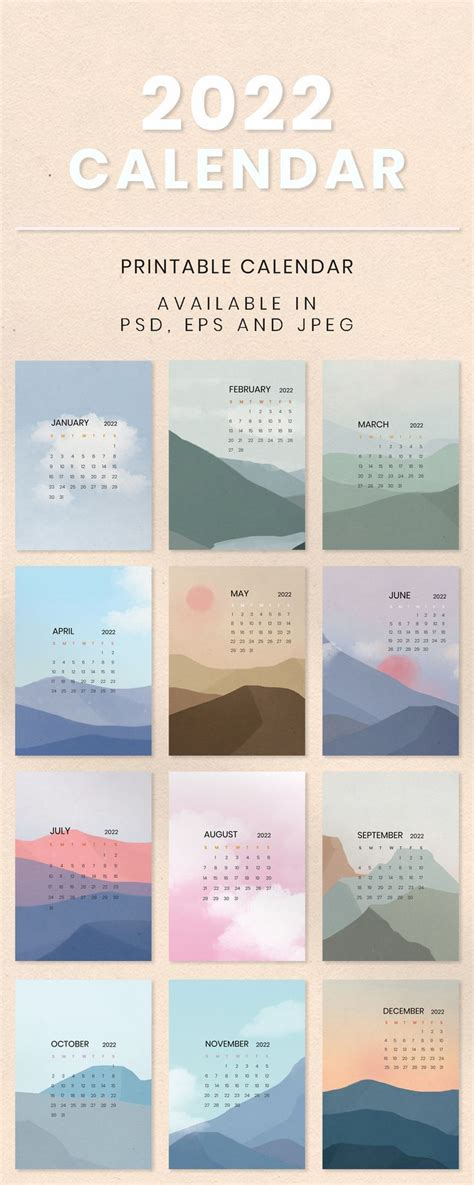 Sky Mountain Yearly Calendar In Minimal Scandinavian Aesthetics