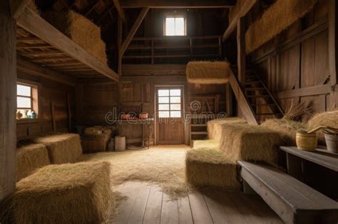 Rustic Barn With Hay Bales And Harvest Scene On The Interior Stock