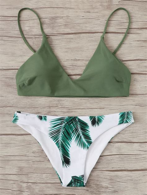 Random Leaf Print Mix And Match Bikini Set SHEIN SHEINSIDE Tropical