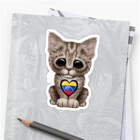 Cute Kitten Cat With Venezuelan Flag Heart Stickers By Jeff Bartels