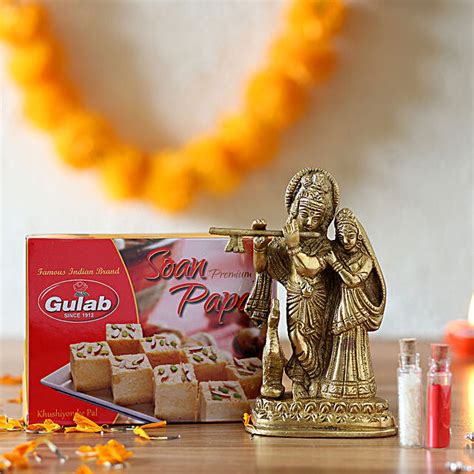 Buy Send Radha Krishna Brass Idol Soan Papdi Combo Online Fnp