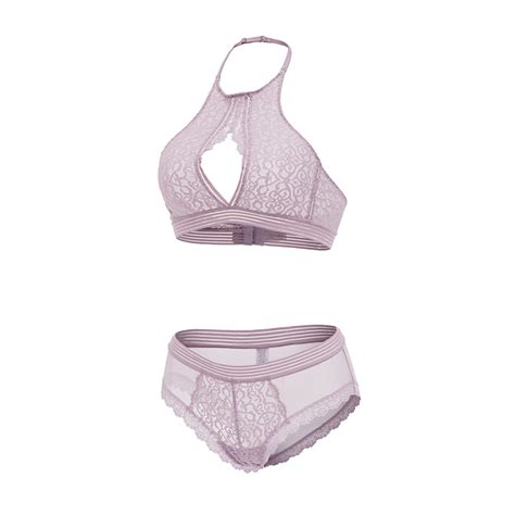 Sexy Sheer Floral Lace Halterneck Cut Out Bra And Panty Stretchy Lingerie Set N