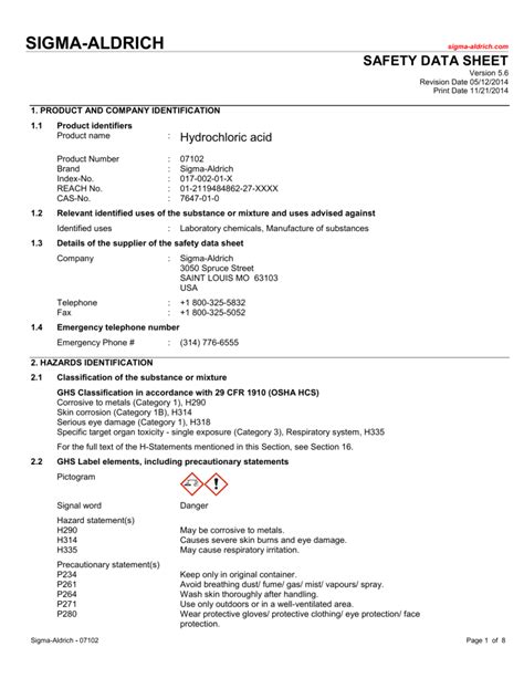 Hydrochloric Acid Sds