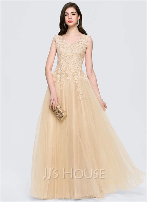 A Line Princess V Neck Floor Length Tulle Prom Dresses With Beading