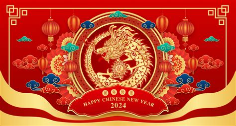 Happy Chinese New Year Dragon Zodiac Gold On Red Background With