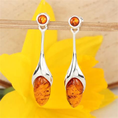 Sterling Silver Baltic Amber Tulip Bud Drop Earrings