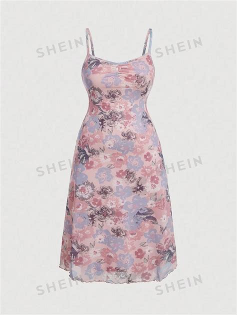 SHEIN MOD Plus Ruched Front Lettuce Edge Floral Mesh Overlay Cami Dress