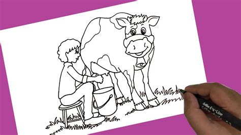 How To Draw Cow Milking Cow Milking Line Drawing And Illustration