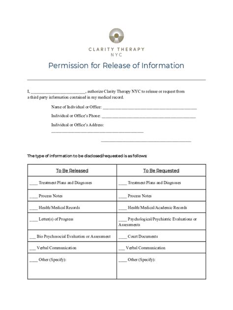 Fillable Online Permission For Release Of Information Clarity Therapy
