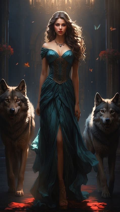 A Woman In A Green Dress Standing Between Two Wolfs