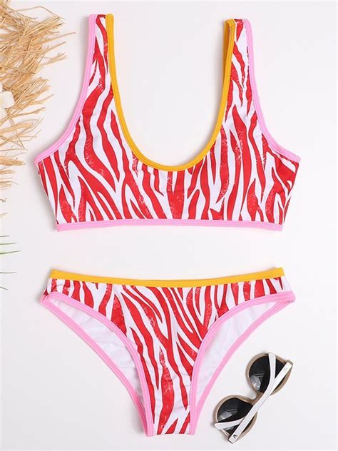 Emmiol Free Shipping Zebra Pattern Bikini Swimsuit Pink L In