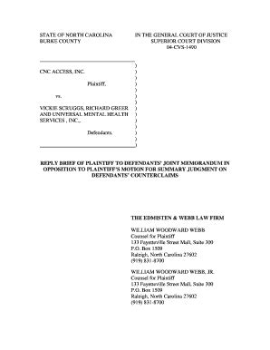 Fillable Online Reply To Defendants Response To Cncs Motion For Summary