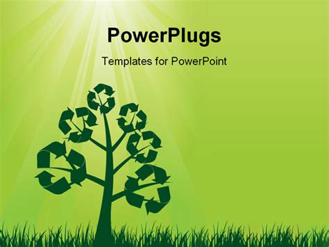 PowerPoint Template: Recycle symbols on a tree with sun shining from top with green color (24699)