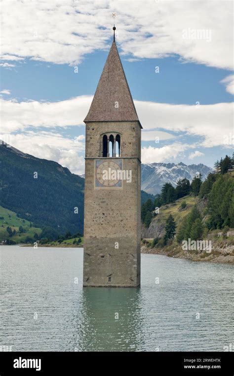 The Church Tower Of St Peter In Lake Resia Stock Photo Alamy