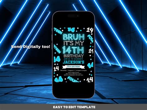 Editable Th Bruh Neon Birthday Invitation Boy Birthday Party Bruh