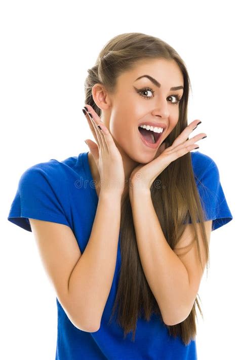 Surprised Happy Young Woman Looking Sideways In Excitement Isolated Over White Stock Image