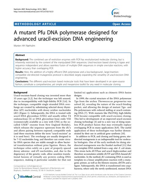 Pdf A Mutant Pfu Dna Polymerase Designed For Advanced Uracil Excision Dna Engineering