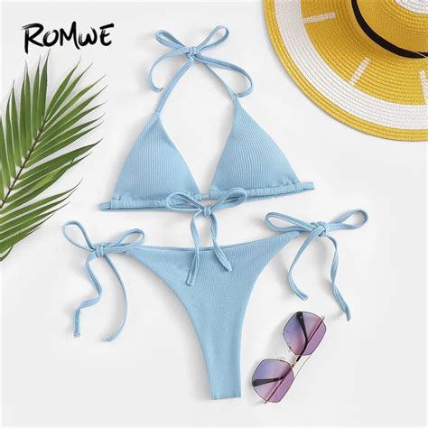 Romwe Sport Blue Solid Rib Halter Top With Tie Side Triangle Panties