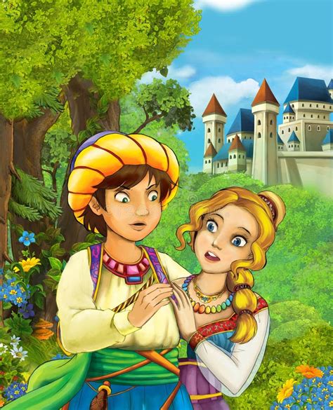 Karikaturszene Sch Nen Paarprinzen Und Prinzessin Im Wald Nahe Schloss