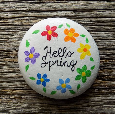 Hello Spring Rainbow Flowers Painted Rockdecorative Accent Stone