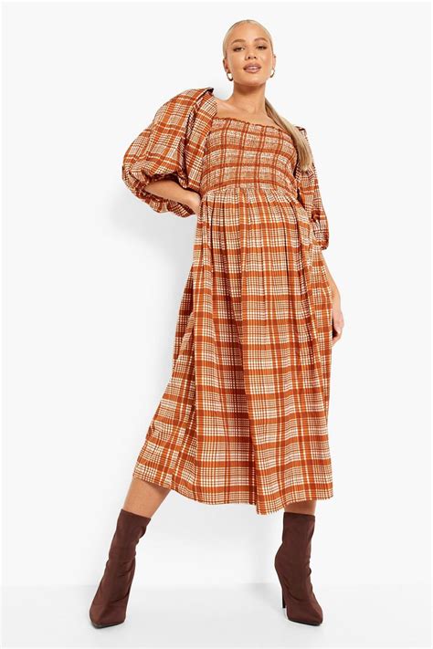 Maternity Check Puff Sleeve Midi Dress Boohoo Uk