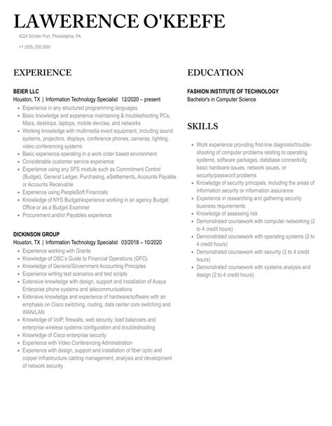 Information Technology Specialist Resume Samples Velvet Jobs