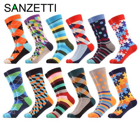 Sanzetti 12 Pairslot Funny Colorful Pattern Men Socks Argyle Filled Optic Combed Cotton Socks