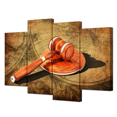 Law Office Decor Legal Hammer Of Justice Art Print On Vintage World Map