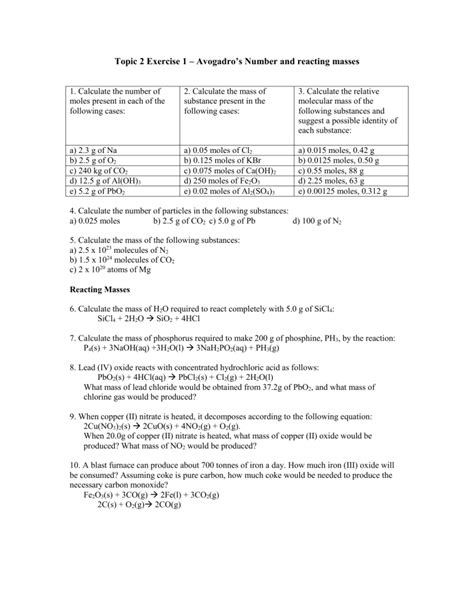 Topic 2 Exercise 1 Using Moles And Reacting Masses
