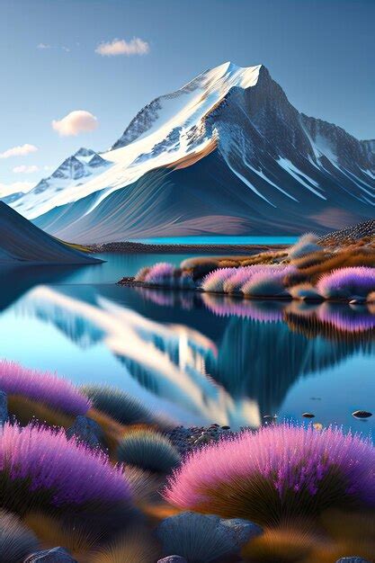 Premium Ai Image Mountains With Snowy Peaks On The Shore Of A