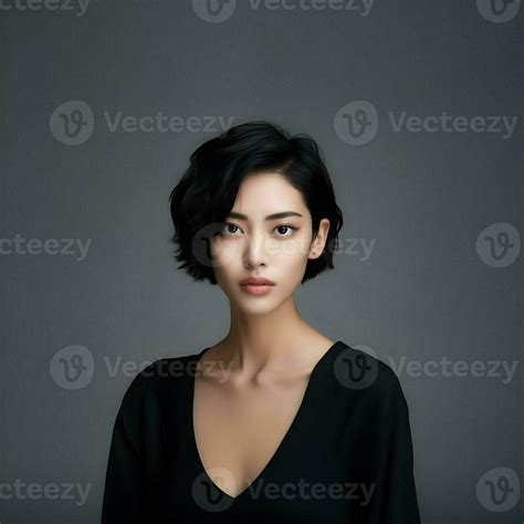 Asian Woman Short Hair With Perfect Clean Fresh Skin On Grey Background