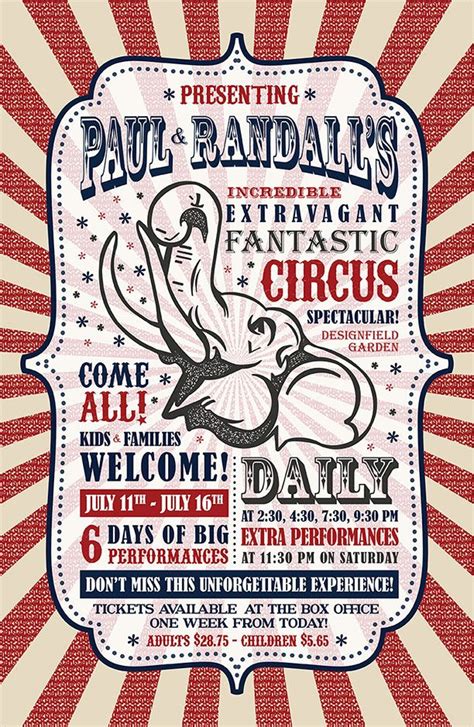 the poster for paul radnall's circus is shown in red, white and blue