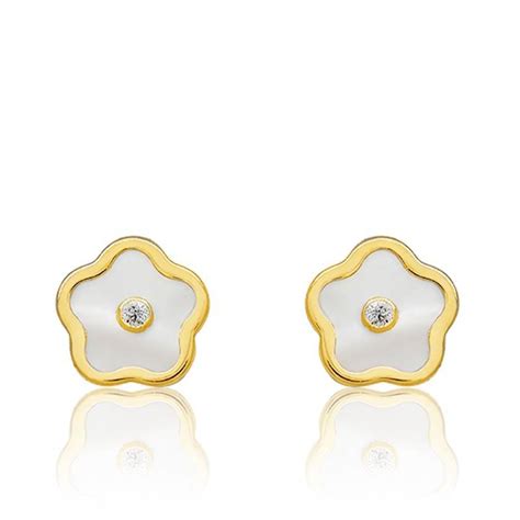 Boucles D Oreilles Fleur Nacre Or Jaune Bambins Ocarat