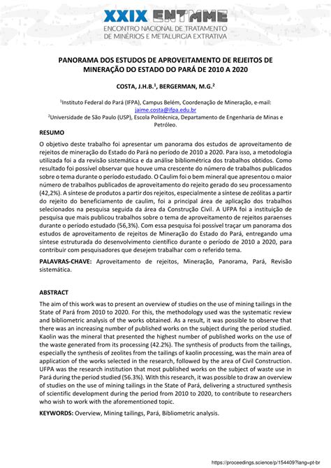 Pdf Panorama Dos Estudos De Aproveitamento De Rejeitos De Minera O