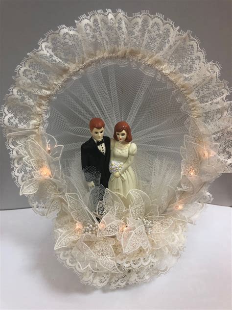 Bride And Groom Lighted Cake Topper Ivory Lace Circle