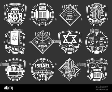 Israel travel and traditional Jewish heraldic symbols. Vector Judaism ...