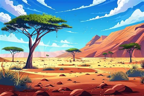 Paisagem desértica uma árvore e montanhas ao fundo Ilustração