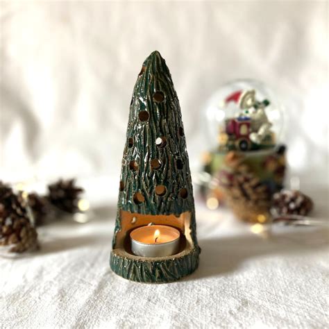 Glossy Dark Green Glazed Stoneware Pottery Bark Christmas Tree Tealight