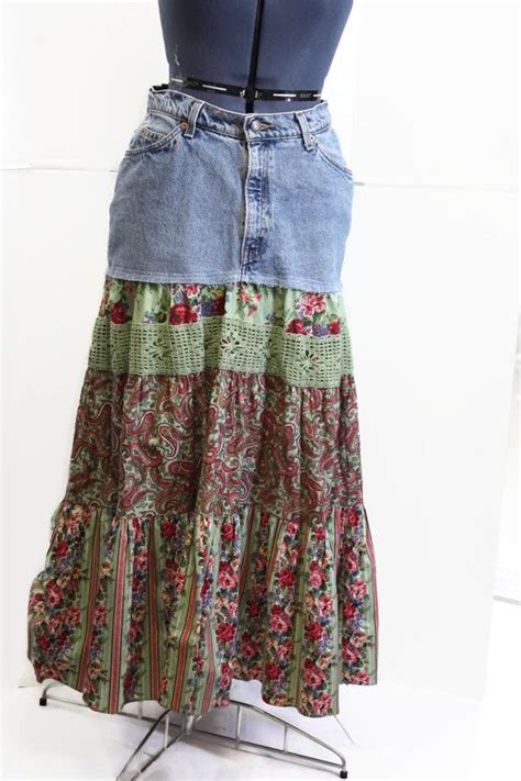 Upcycled Hippie Skirt Repurposed Jeans Skirt Womens Bohemian Patchwork