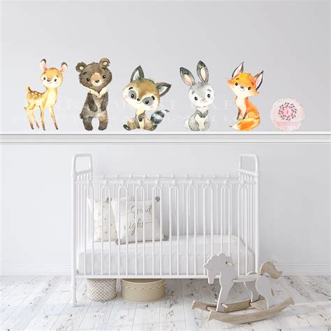 5 Woodland Animals Wall Decal Sticker Art Deer Bear Fox Raccoon Bunny – Pink Forest Cafe