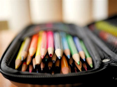 Colored Pencils and Art Supplies in Case Stock Image - Image of pencil ...