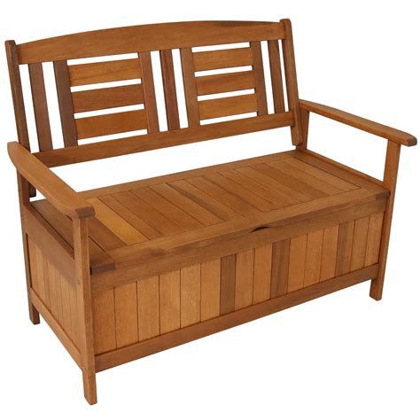 Sunnydaze Meranti Wood Outdoor Storage Bench with Teak Oil Finish - Outside Furniture Seating ...