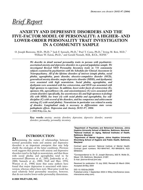 Pdf Anxiety And Depressive Disorders And The Five Factor Model Of