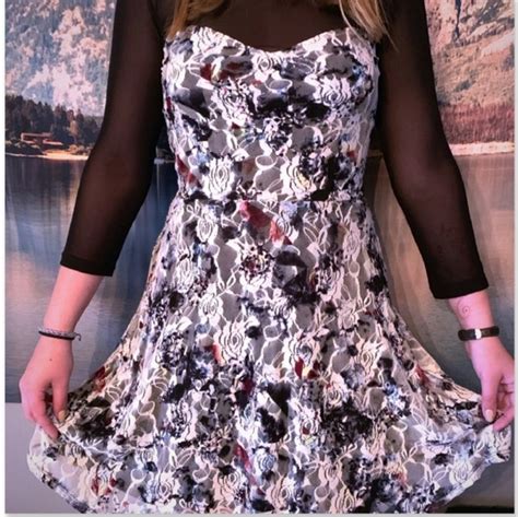 Material Girl Dresses Floral Lace Black Mesh Illusion Skater Dress