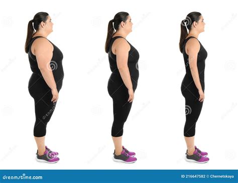 Woman Before And After Weight Loss On White Background Collage Stock