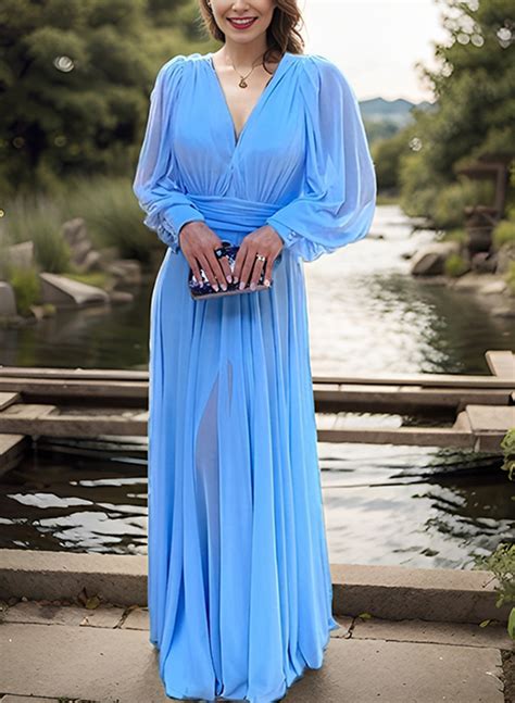 A Line Princess V Neck Floor Length Chiffon Pleated Mother Of The Bride