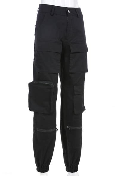 Cool Casual Mid Rise Utility Cuffed Ankle Black Baggy Cargo Pants For