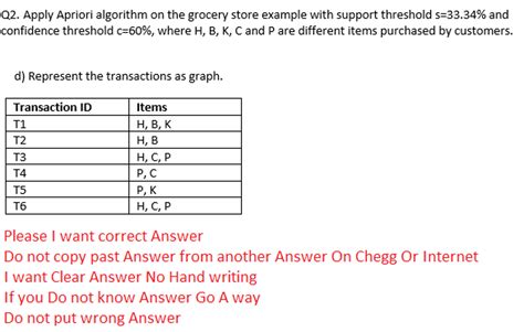 Apply Apriority algorithm on the grocery store | Chegg.com