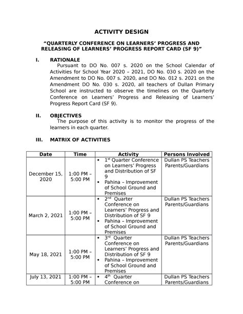 Activity Design None Activity Design “quarterly Conference On Learners’ Progress And